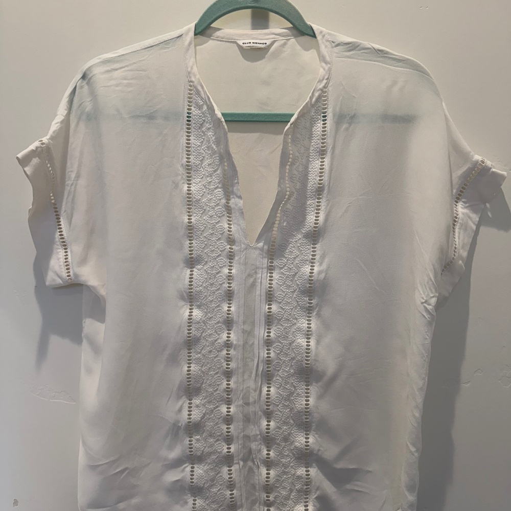Club Monaco White Lace-Panel Split V-Neck Blouse
